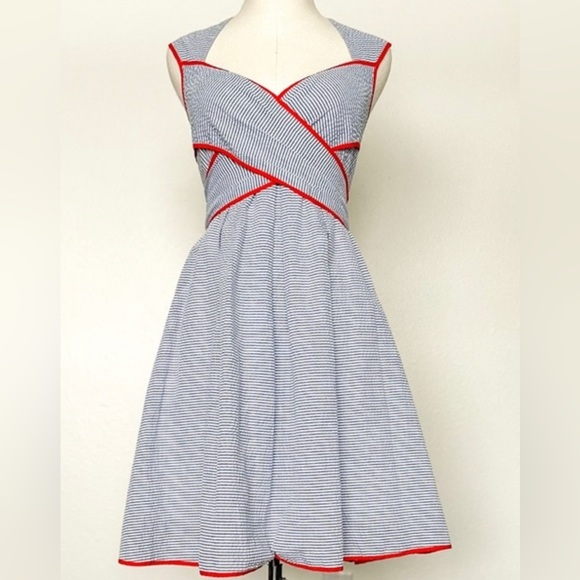 🚫SOLD🚫 Jessica Simpson 60s inspo seersucker sundress pin up stripe - Picture 1 of 6